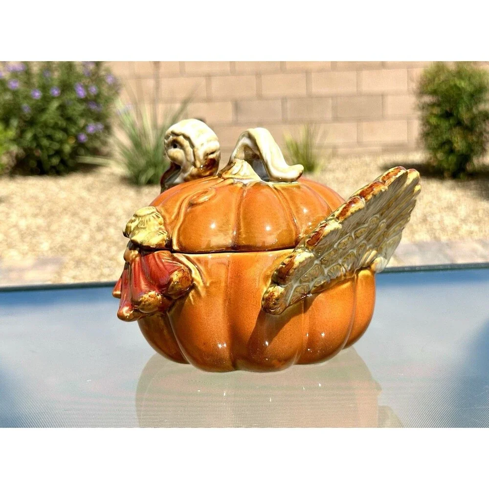 Ceramic Pumpkin Turkey Container w Lid Thanksgiving Orange Brown Holiday Dish